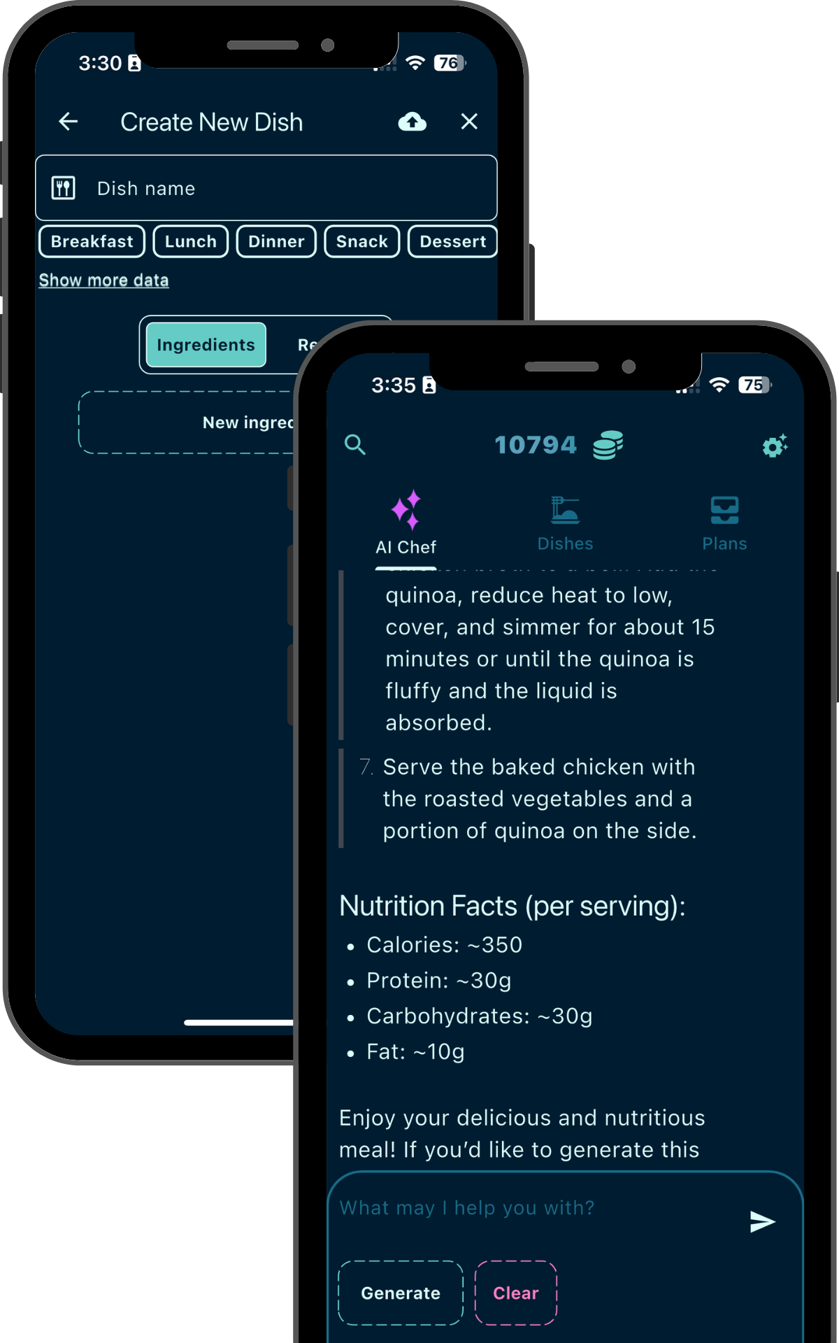 Unlock the culinary world by creating meals manually or with AI chat. Our AI engine can generate recipes from any text, so you can get any recipe you want from anywhere, at any time.